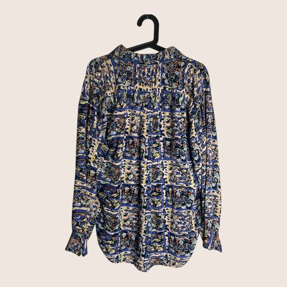 🧿 VTG 80s GOOUCH BUTTON UP BLOUSE TOP RAYON MAGIC EYE BLUE PRINT MEDIUM - Picture 2 of 5